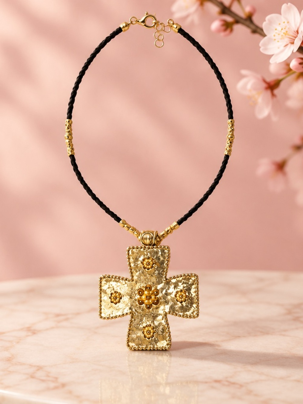 Gold Cross Pendant Necklace with Black agate beads